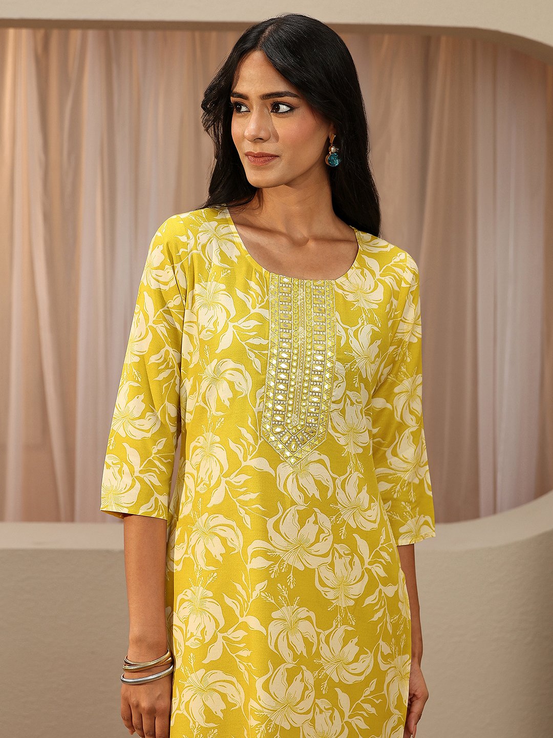 Yellow Printed Cotton Straight Kurta with Trousers and Dupatta