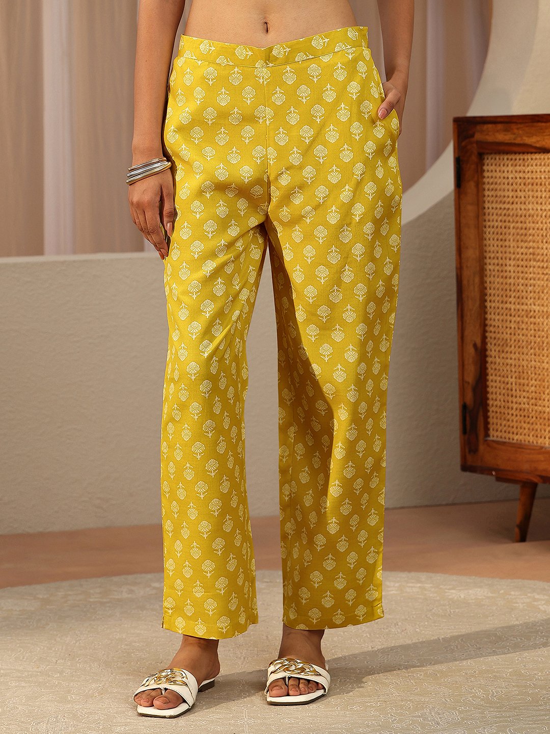 Yellow Printed Cotton Straight Kurta with Trousers and Dupatta