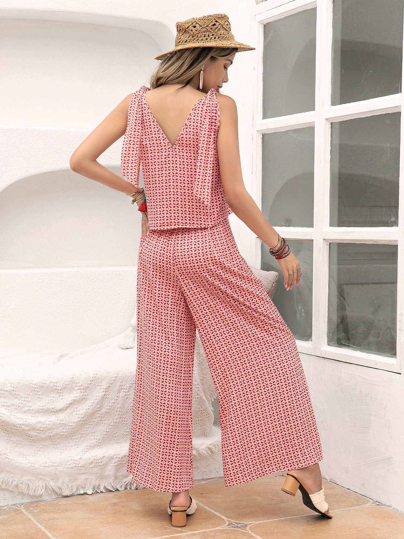 Multi-Patterned Crop Top and Wide-Leg Trousers Co-Ord Set