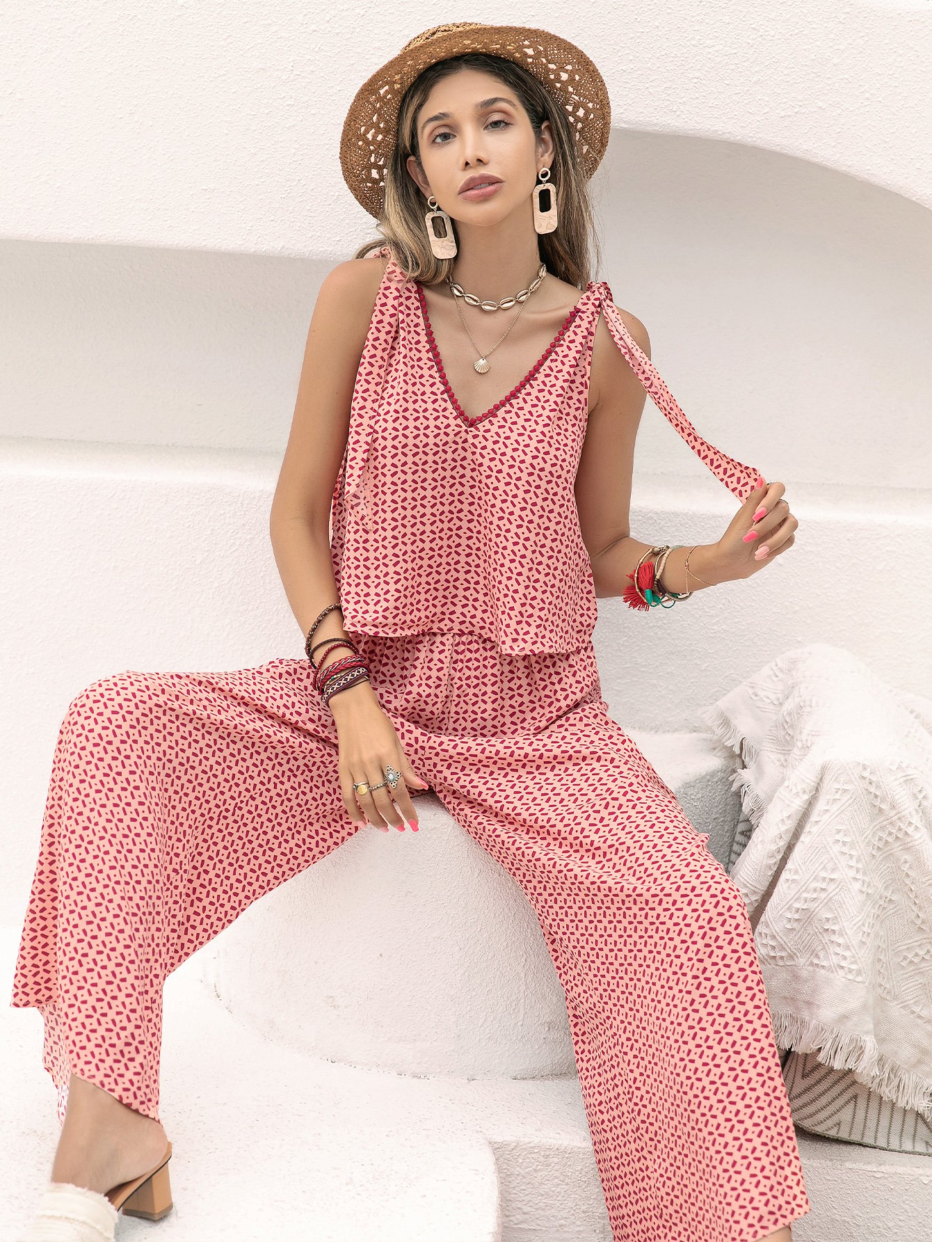 Multi-Patterned Crop Top and Wide-Leg Trousers Co-Ord Set
