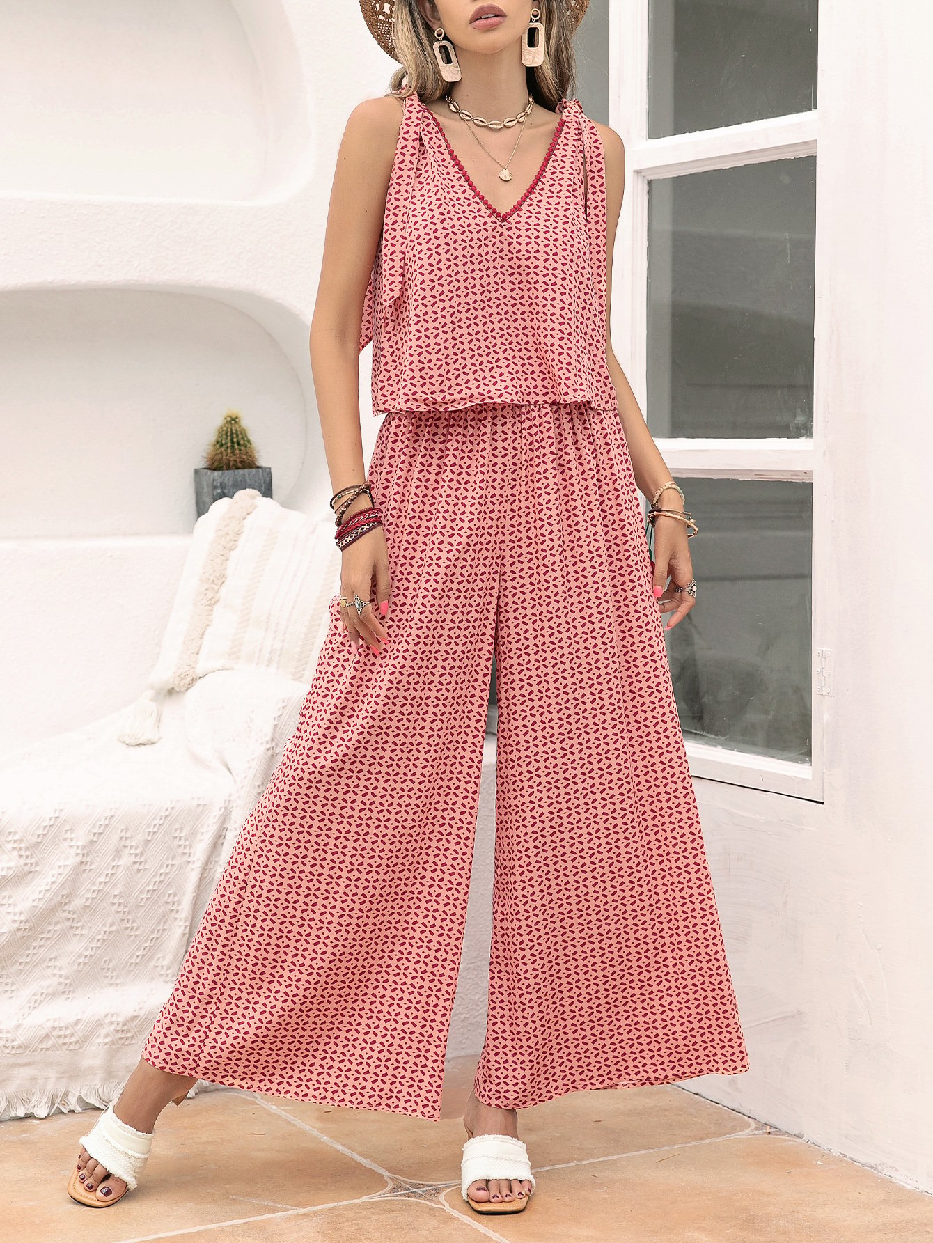 Multi-Patterned Crop Top and Wide-Leg Trousers Co-Ord Set
