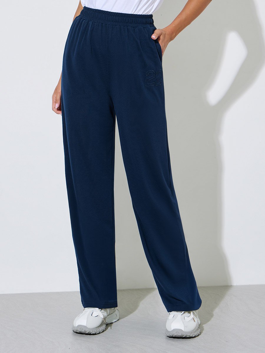 Dark Blue Solid Pocket Detail Wide Leg Joggers