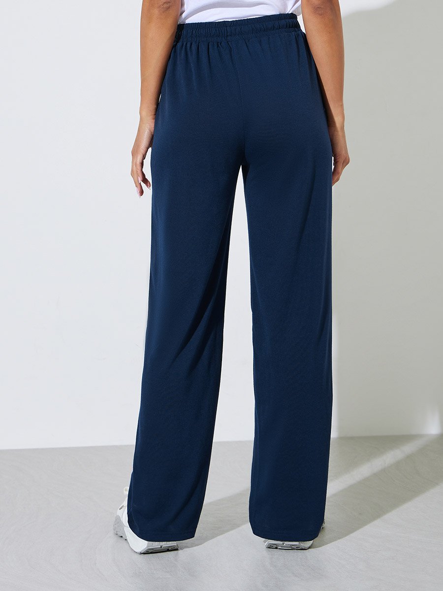Dark Blue Solid Pocket Detail Wide Leg Joggers