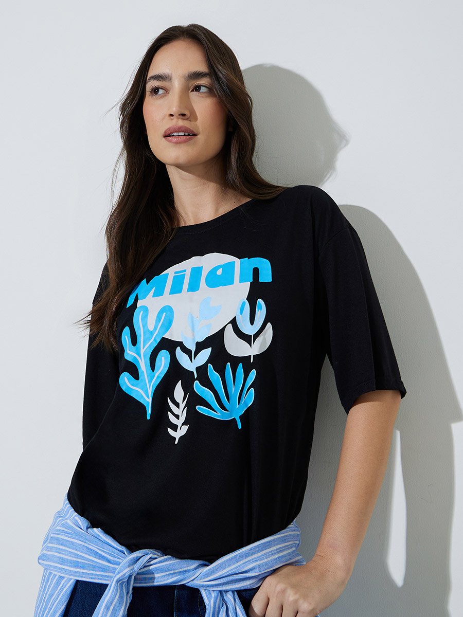 Black Graphic Print Oversized T-Shirt