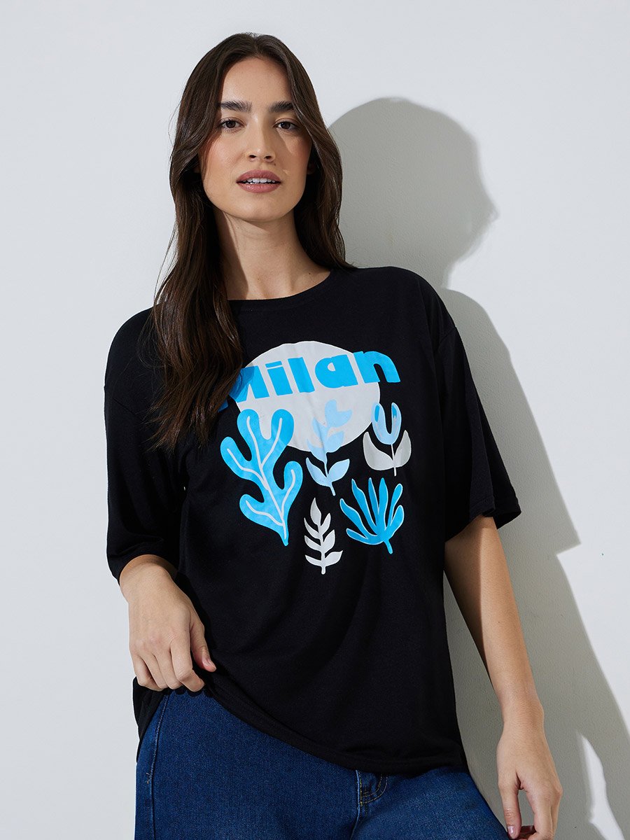 Black Graphic Print Oversized T-Shirt