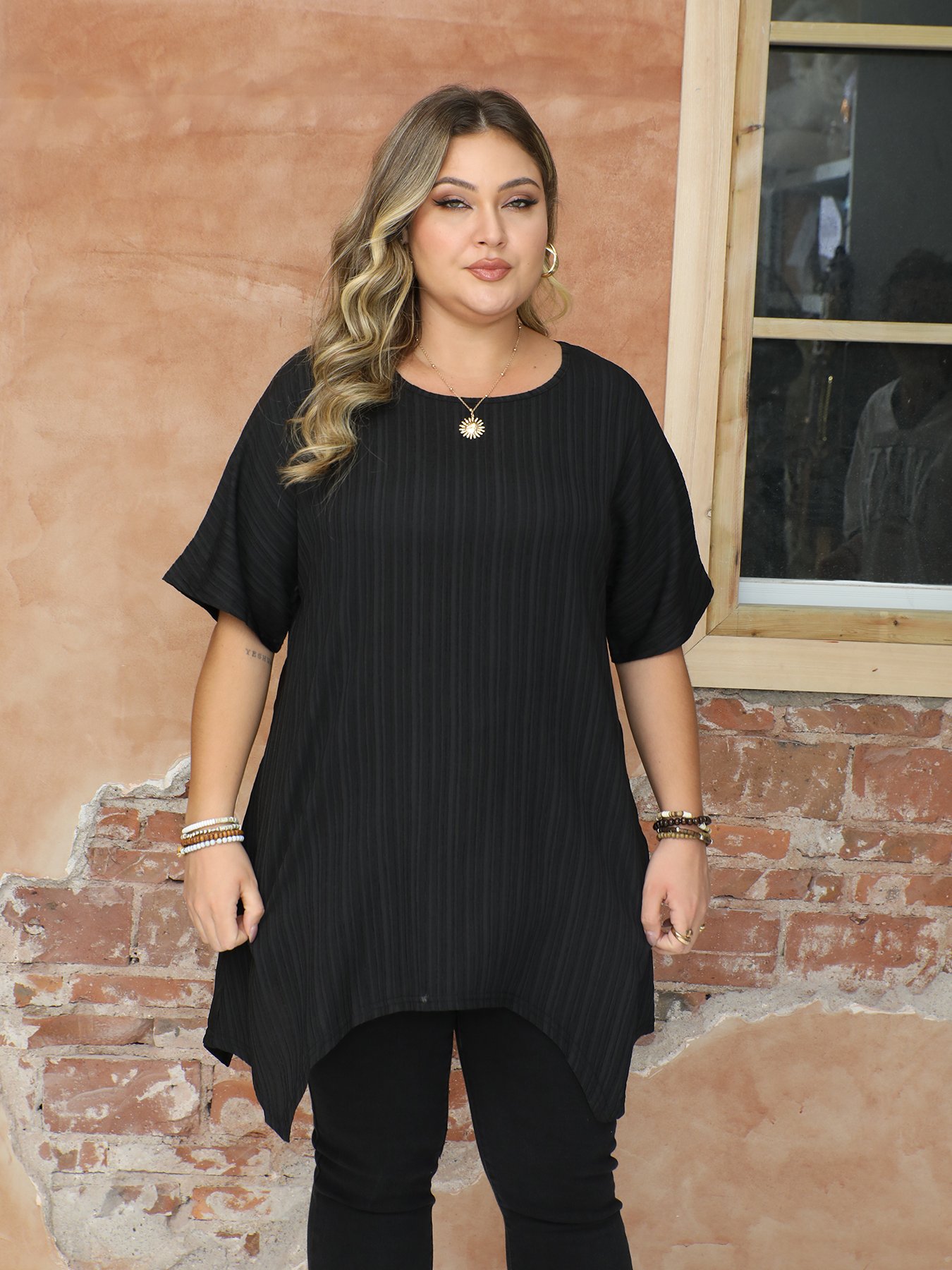 Black Ribbed Plus Size Top with Asymmetrical Hem