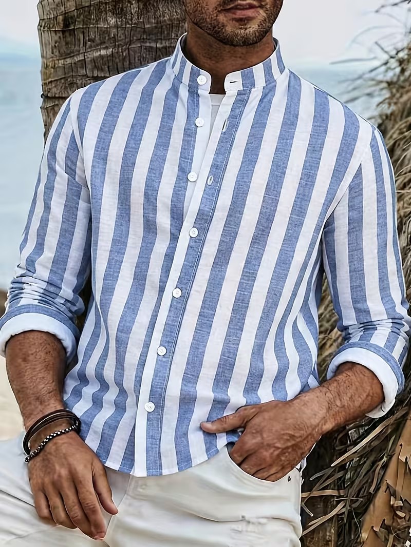 Blue Striped Stand Collar Shirt