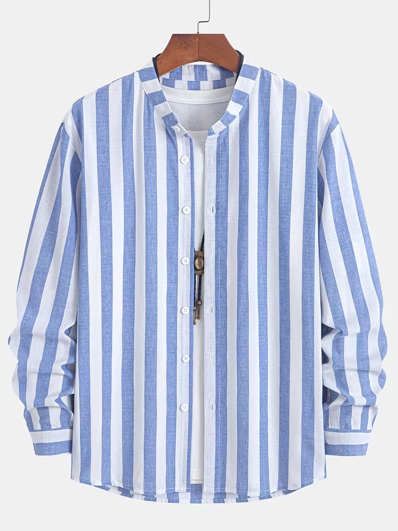 Blue Striped Stand Collar Shirt