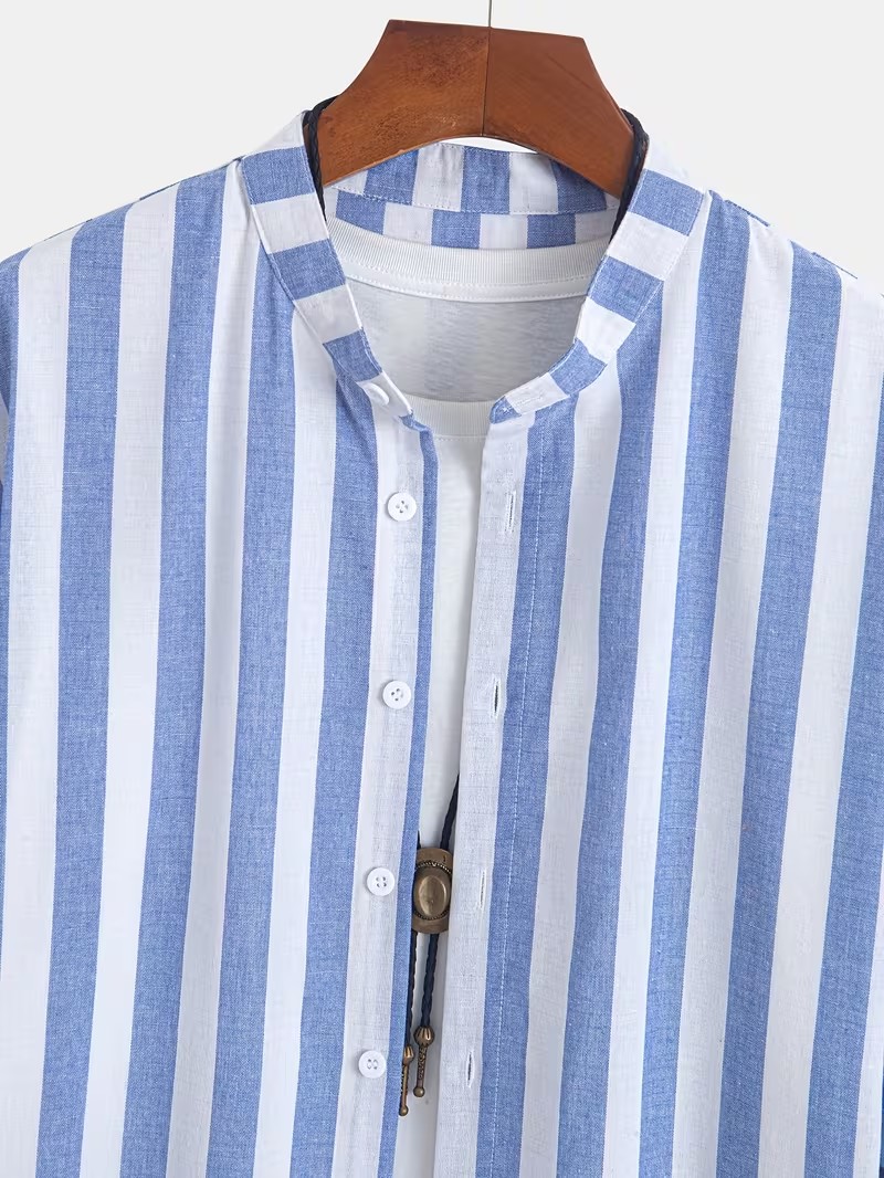 Blue Striped Stand Collar Shirt