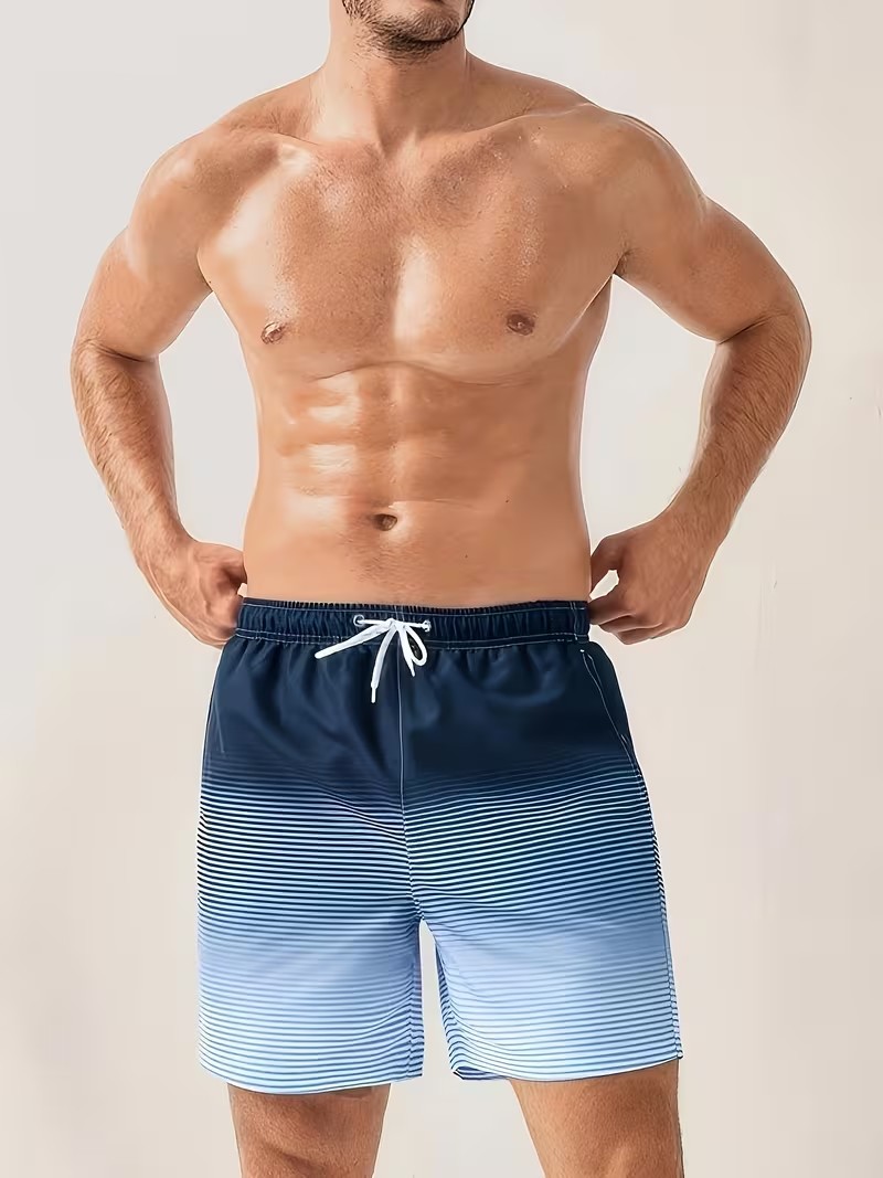 Blue Striped Knee-Length Swim Shorts