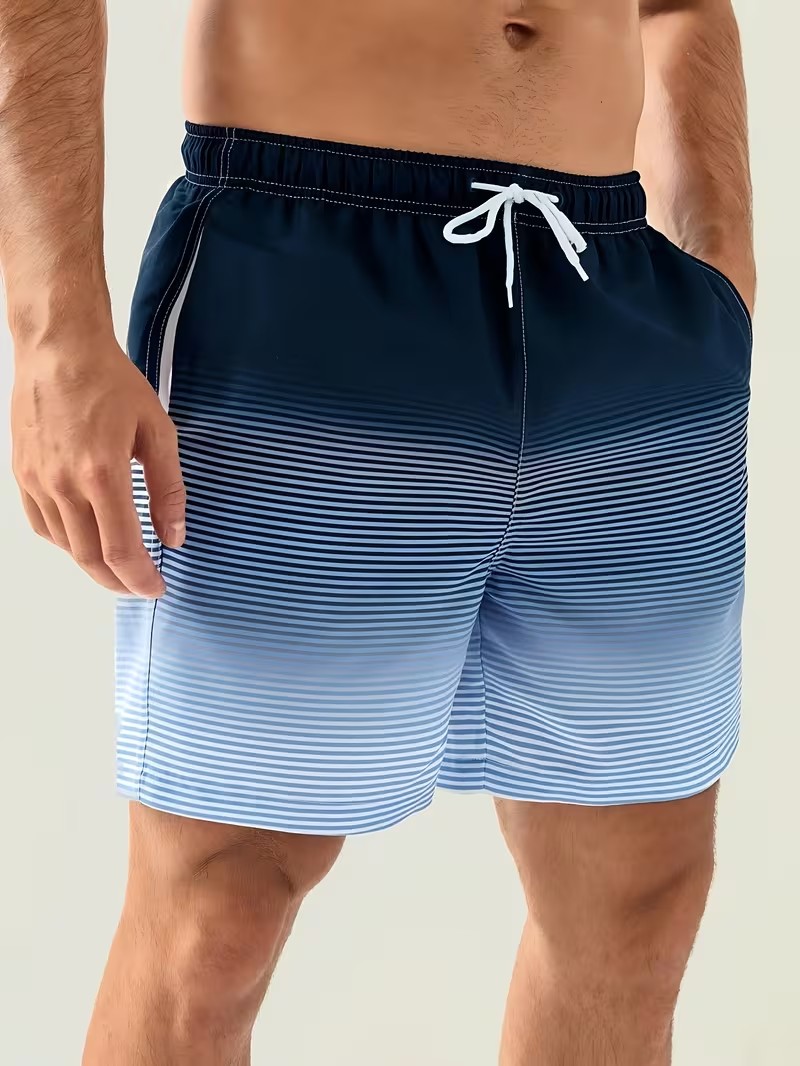 Blue Striped Knee-Length Swim Shorts