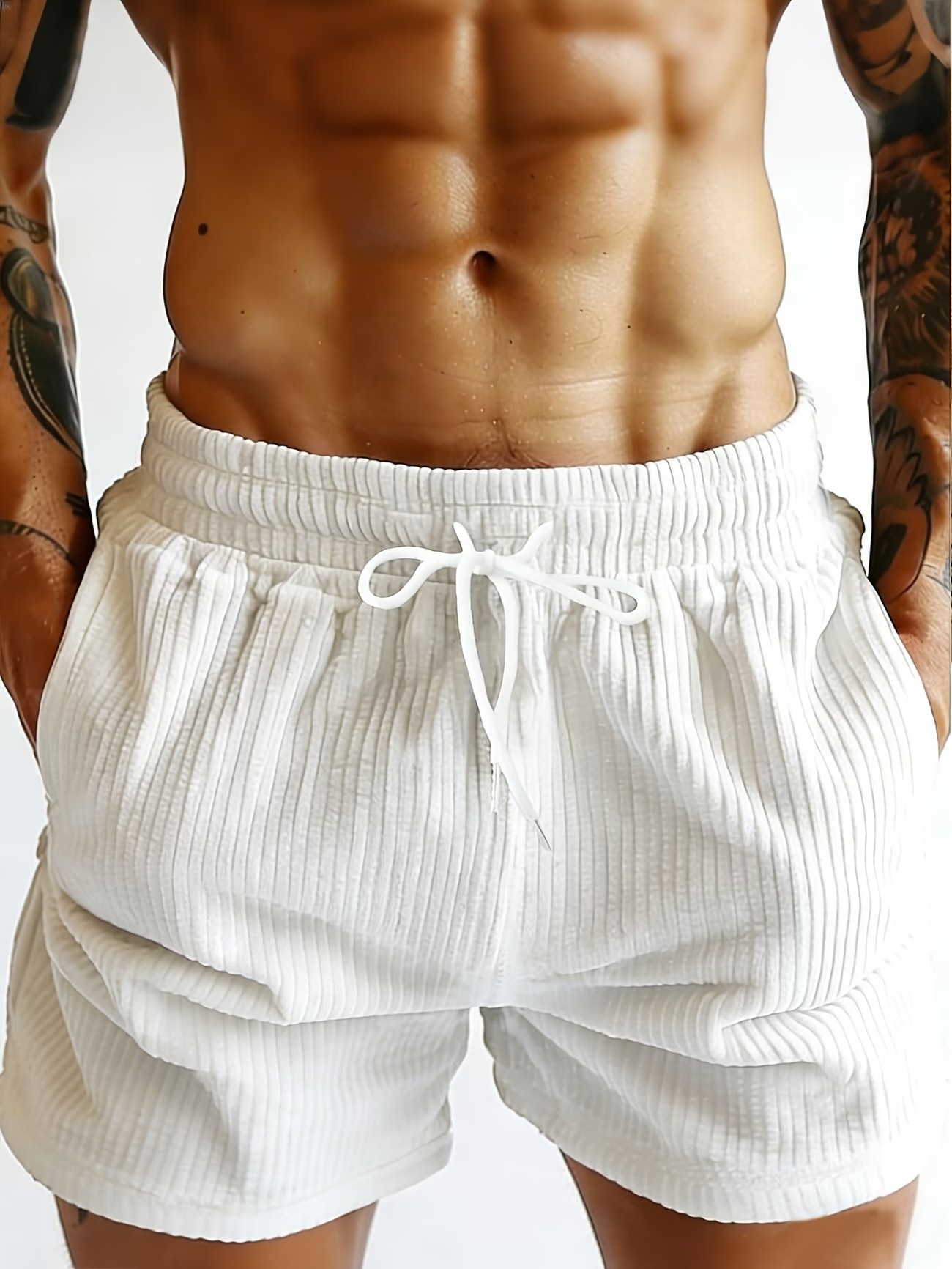 Beige Solid Ribbed Knit Lounge Shorts