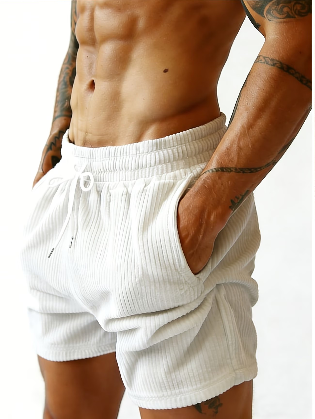 Beige Solid Ribbed Knit Lounge Shorts