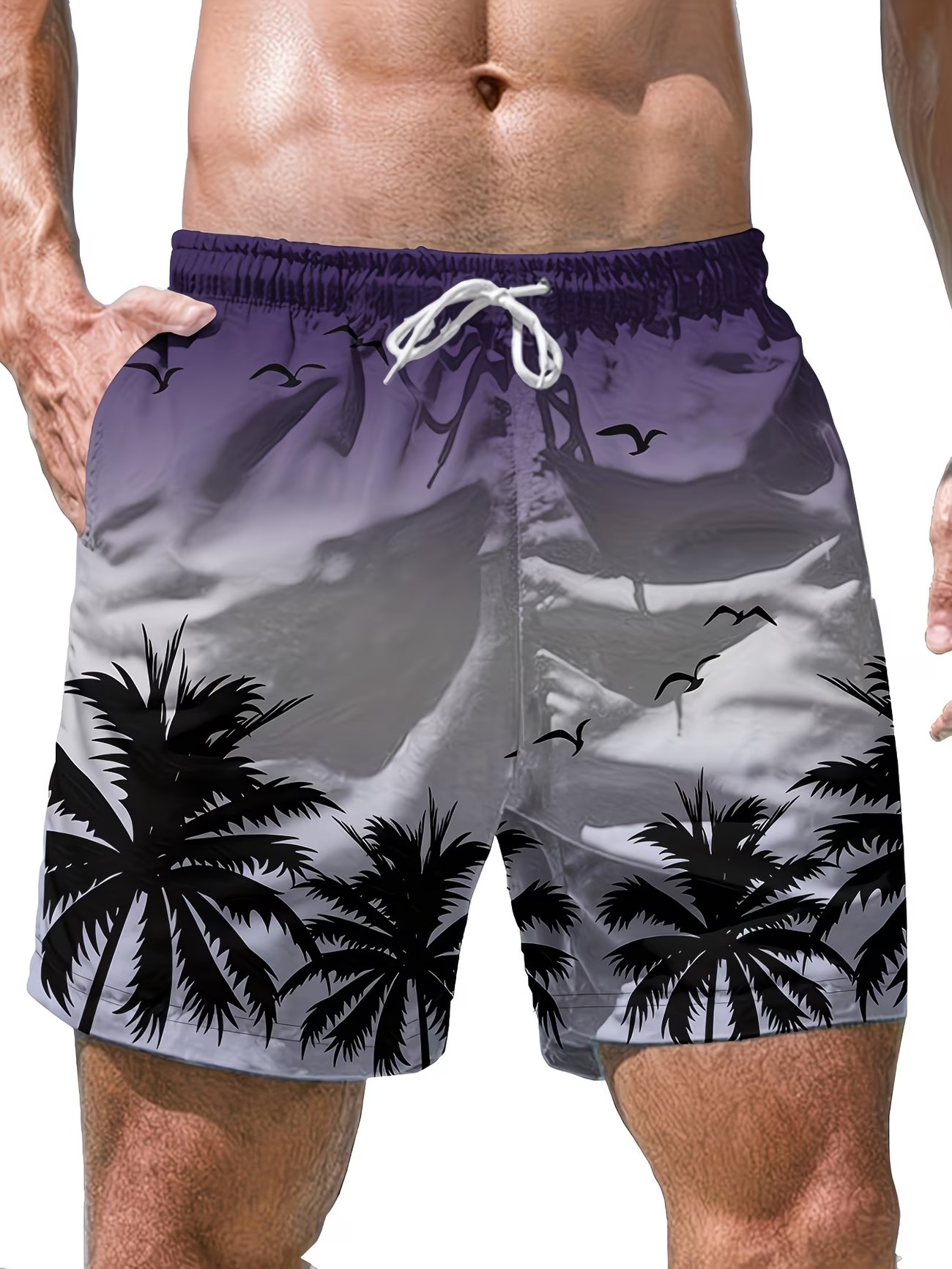 Purple Graphic Palm Tree Knee-Length Swim Shorts