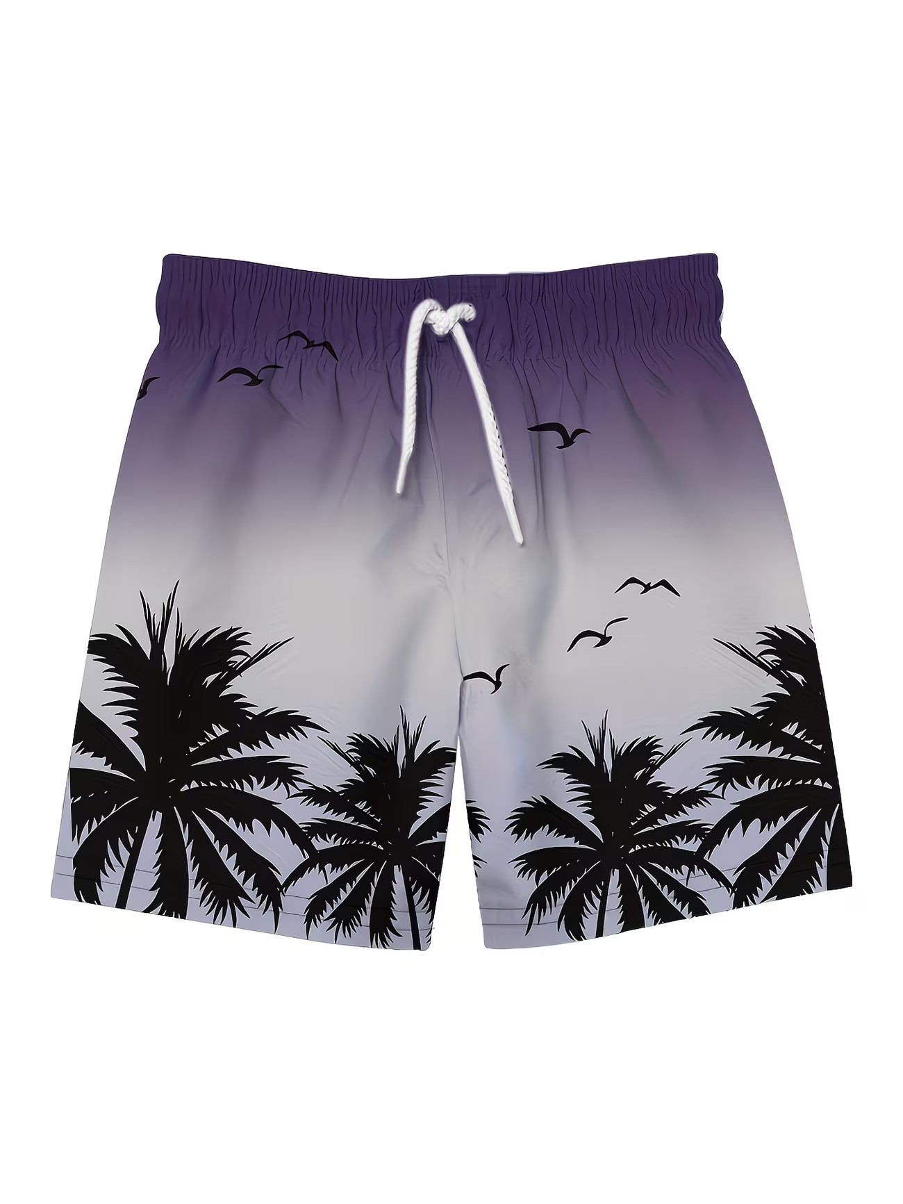 Purple Graphic Palm Tree Knee-Length Swim Shorts