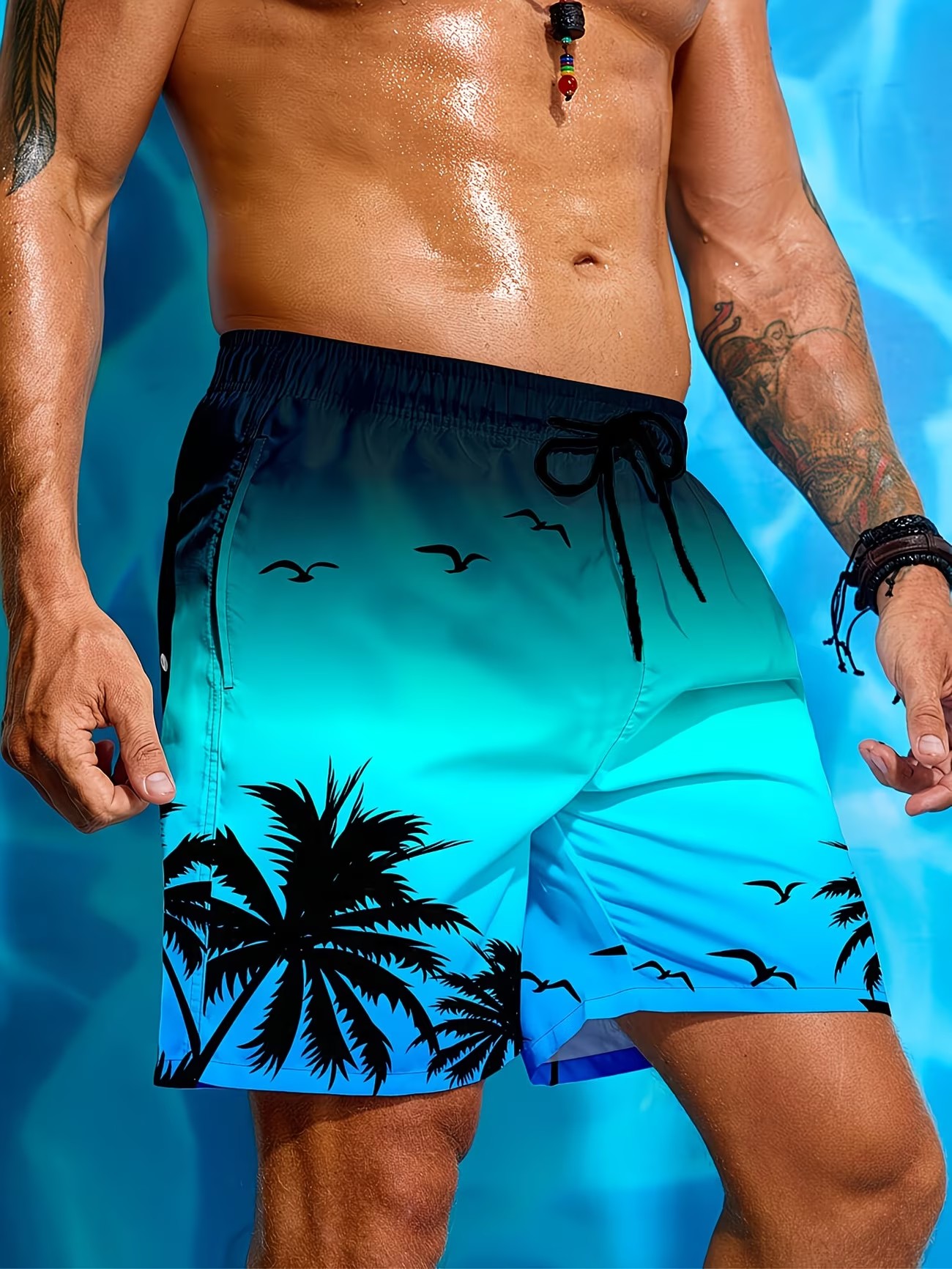 Blue Printed Knee-Length Beach Shorts