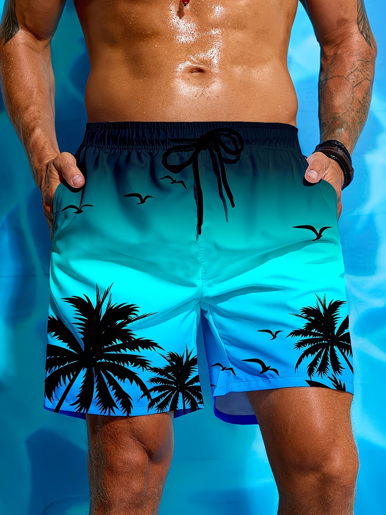 Blue Printed Knee-Length Beach Shorts
