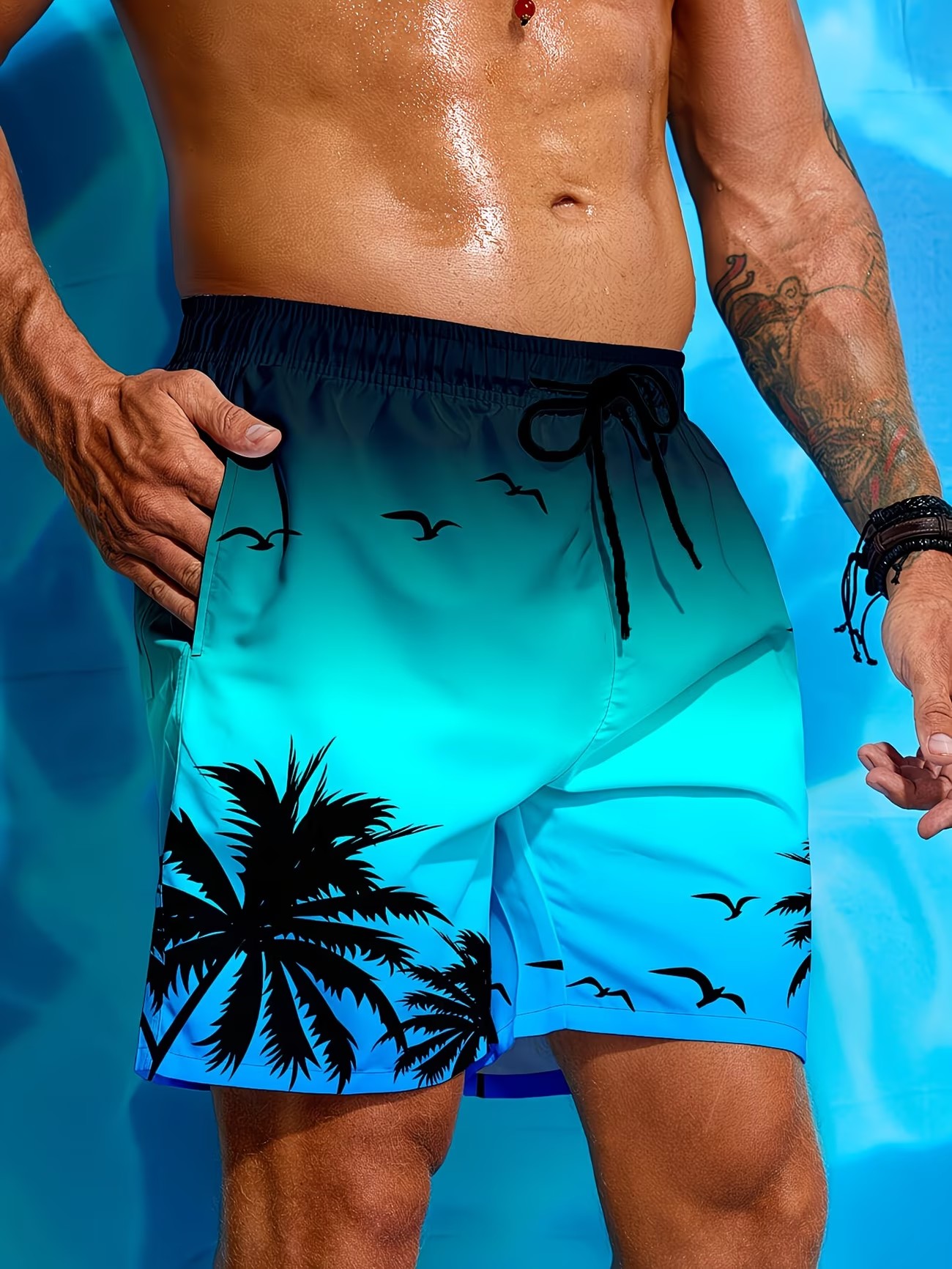 Blue Printed Knee-Length Beach Shorts