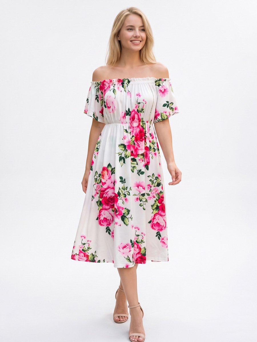 White Floral Off Shoulder A-Line Midi Dress