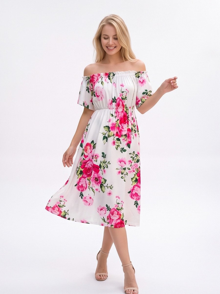 White Floral Off Shoulder A-Line Midi Dress