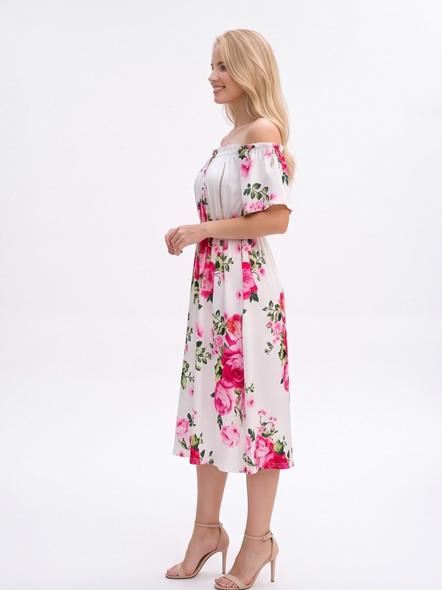 White Floral Off Shoulder A-Line Midi Dress