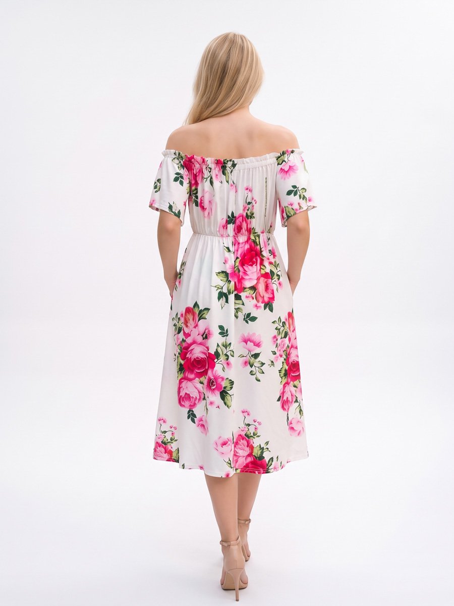 White Floral Off Shoulder A-Line Midi Dress
