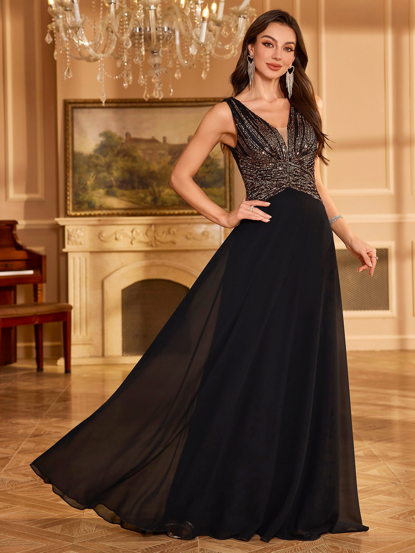 Black Sequin A-Line Maxi Formal Dress - Sleeveless