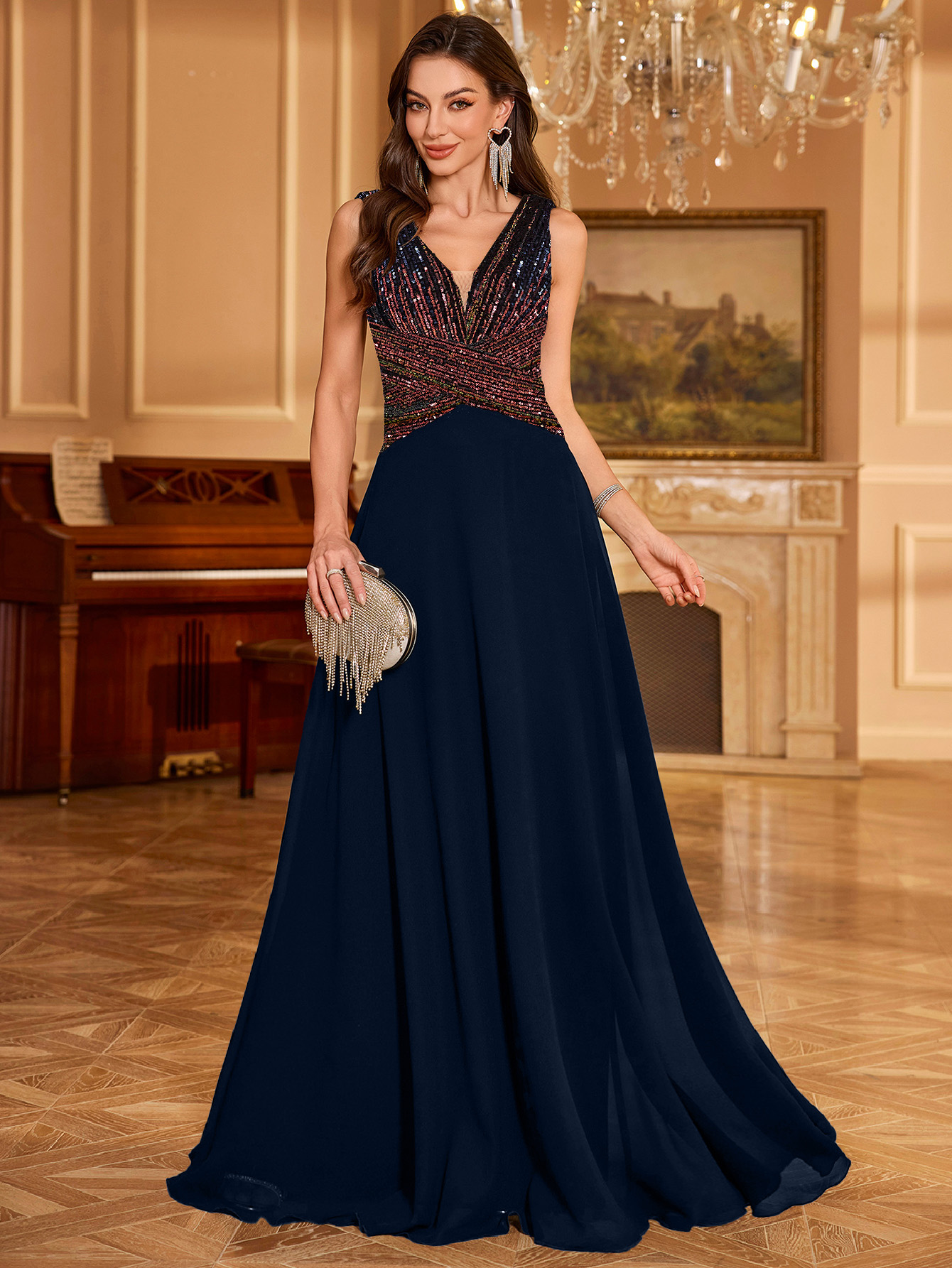 Navy Blue Sequin A-Line Maxi Evening Dress