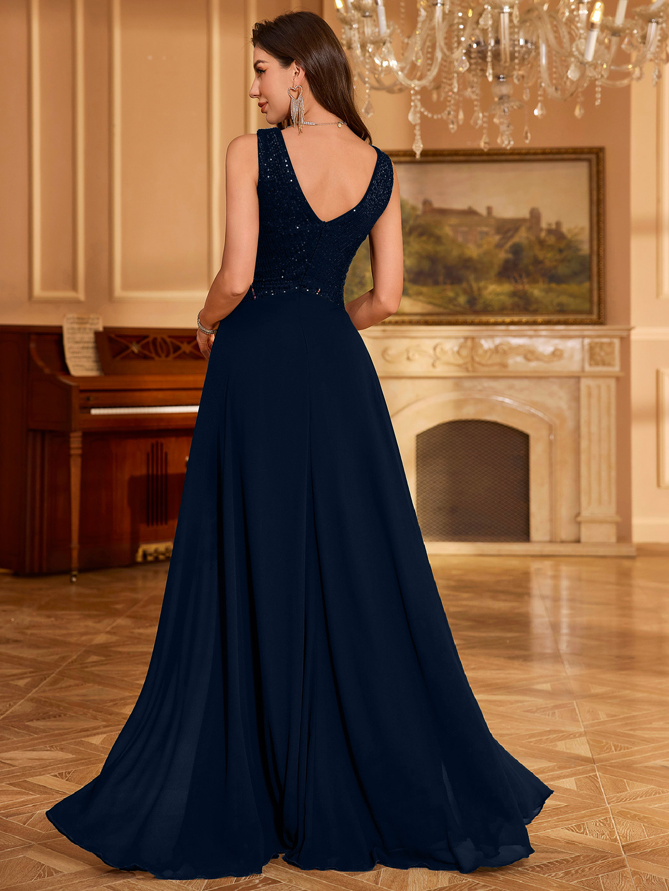 Navy Blue Sequin A-Line Maxi Evening Dress