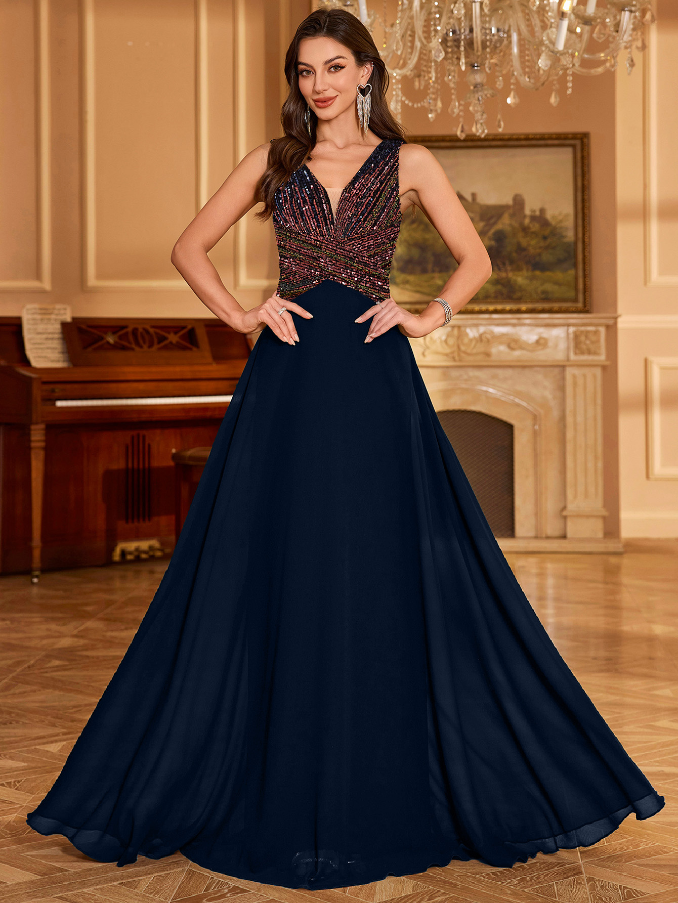 Navy Blue Sequin A-Line Maxi Evening Dress