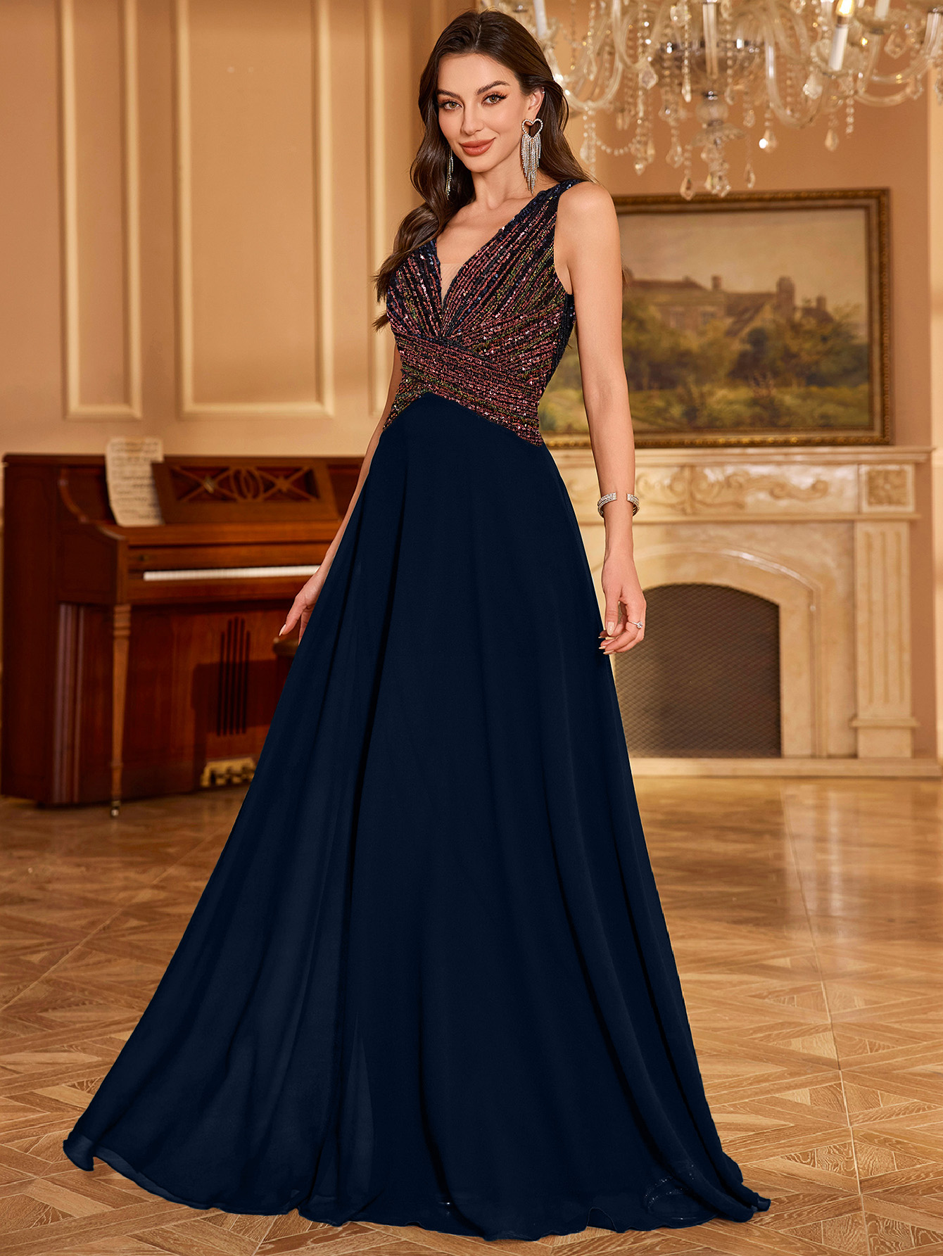 Navy Blue Sequin A-Line Maxi Evening Dress