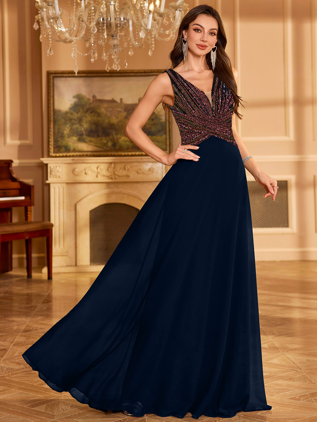 Navy Blue Sequin A-Line Maxi Evening Dress