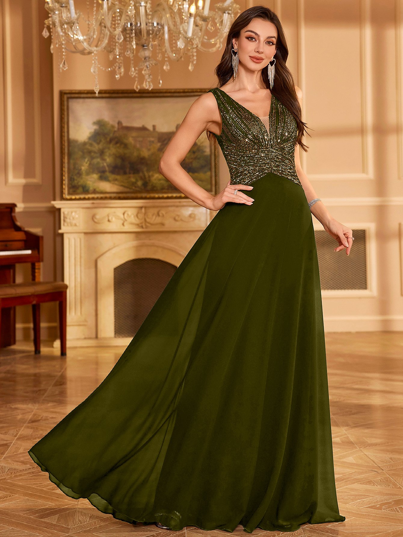 Olive Sequin A-Line Maxi Evening Dress