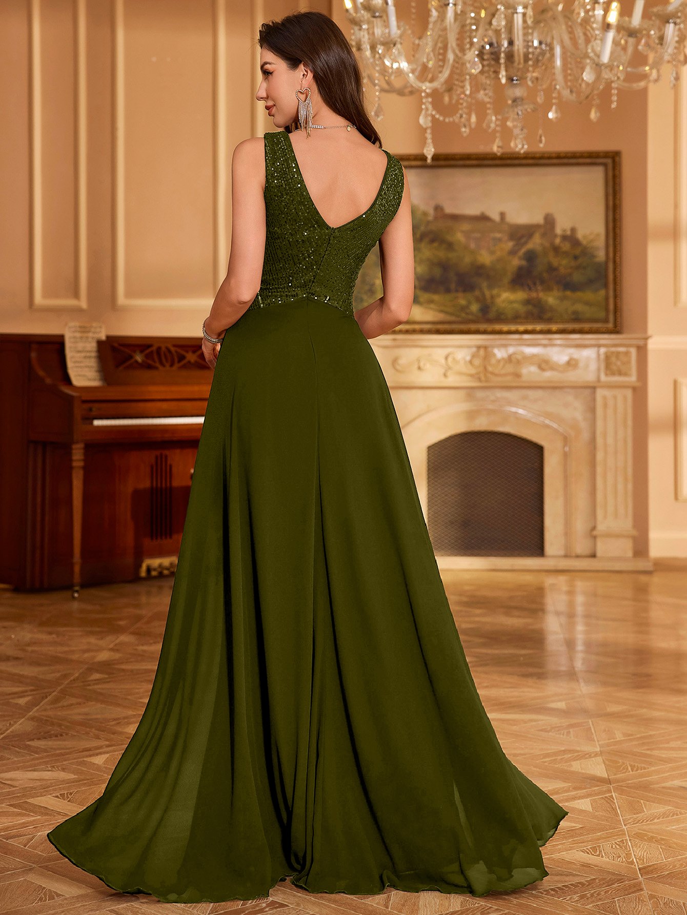 Olive Sequin A-Line Maxi Evening Dress