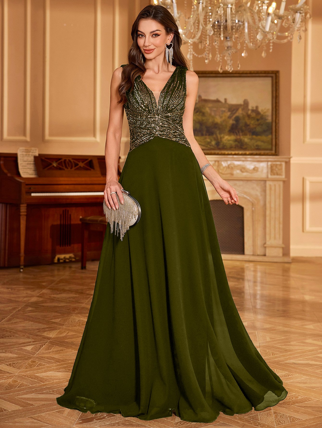 Olive Sequin A-Line Maxi Evening Dress
