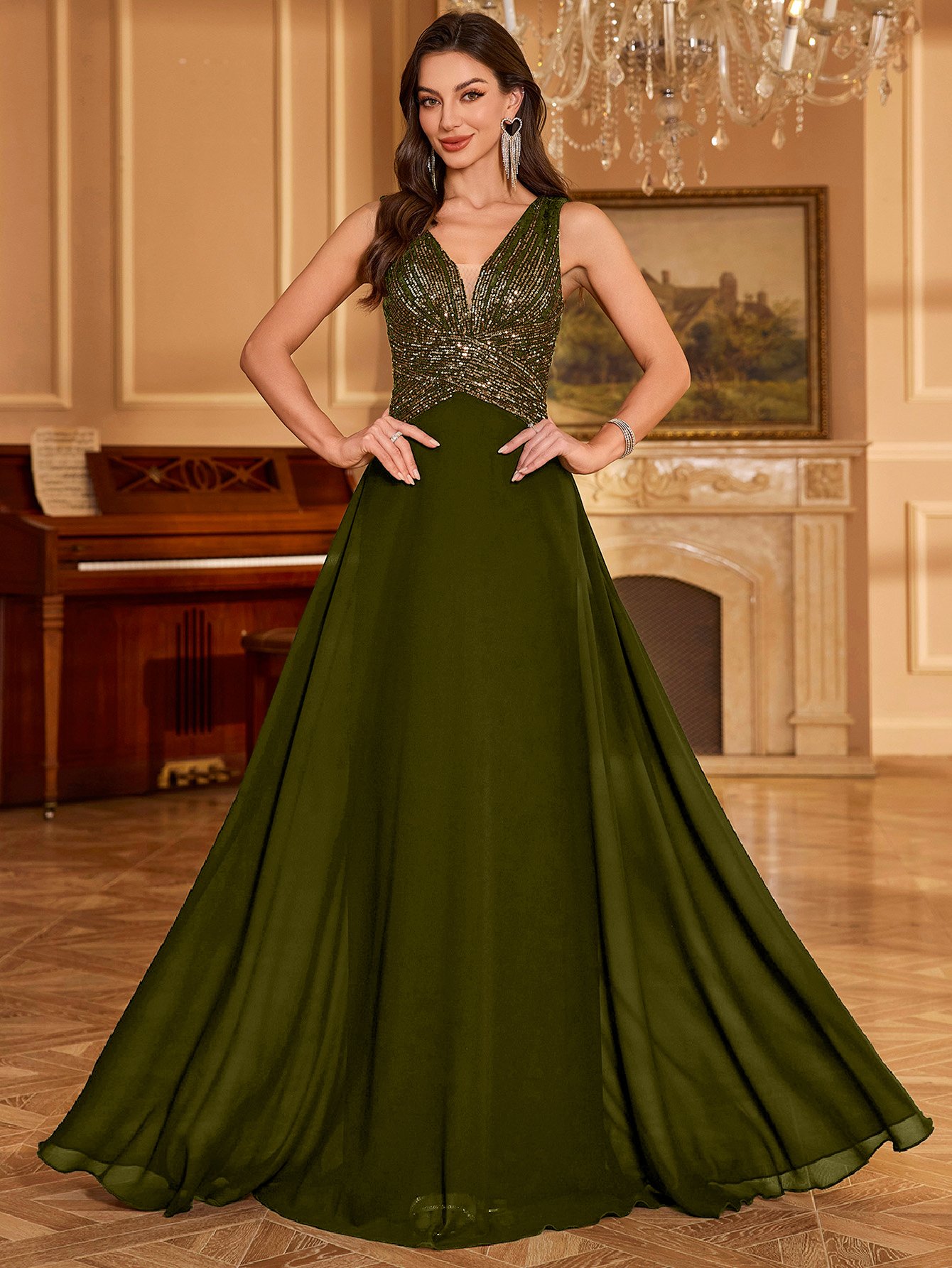 Olive Sequin A-Line Maxi Evening Dress