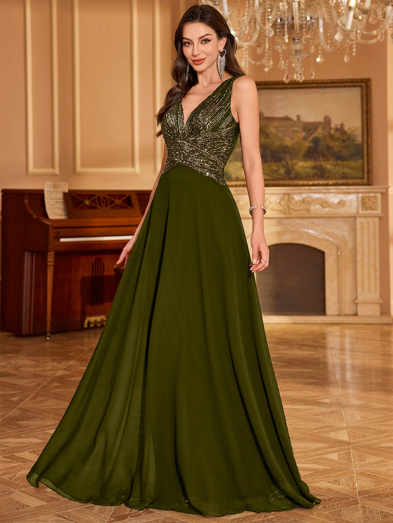 Olive Sequin A-Line Maxi Evening Dress