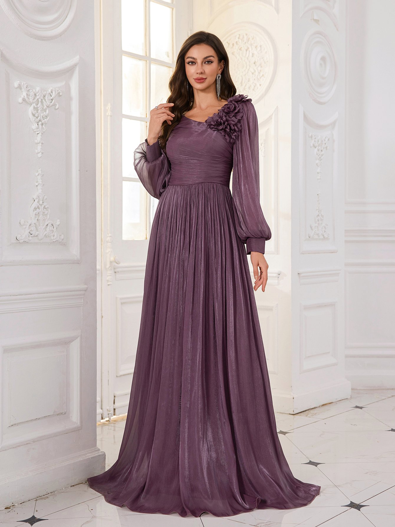 Purple Plisse Maxi Evening Dress with 3D Floral