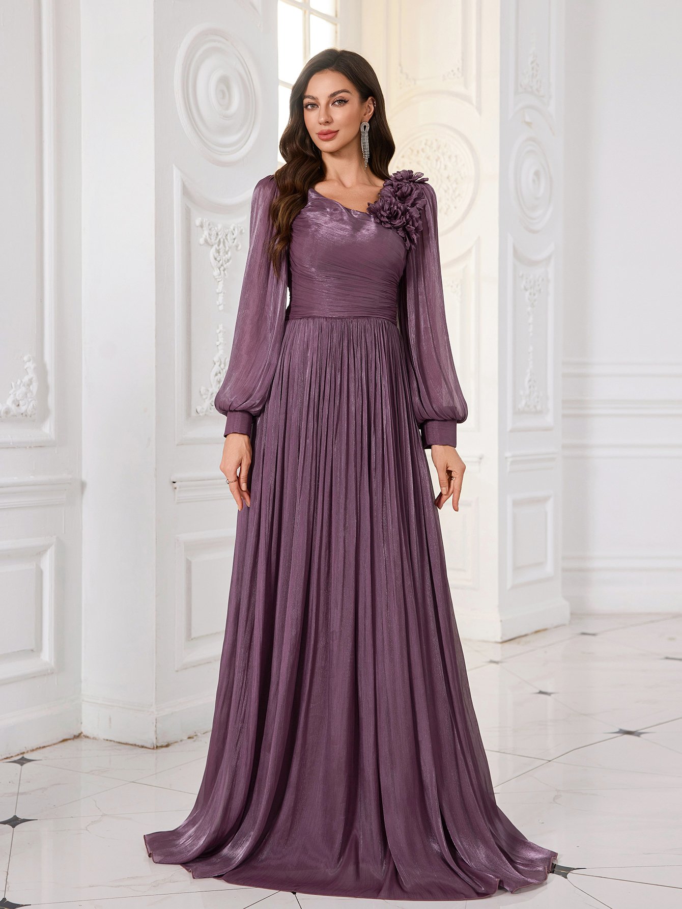 Purple Plisse Maxi Evening Dress with 3D Floral