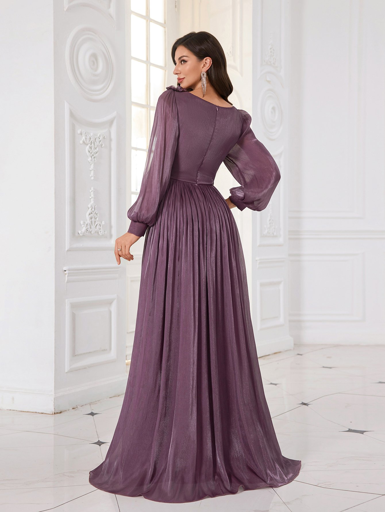 Purple Plisse Maxi Evening Dress with 3D Floral