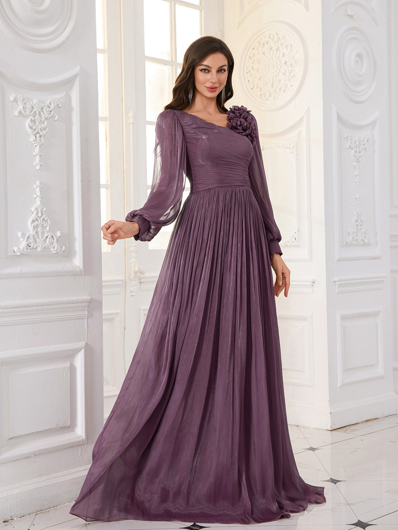 Purple Plisse Maxi Evening Dress with 3D Floral