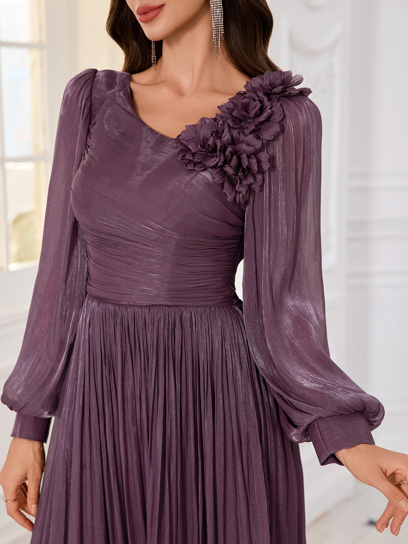 Purple Plisse Maxi Evening Dress with 3D Floral