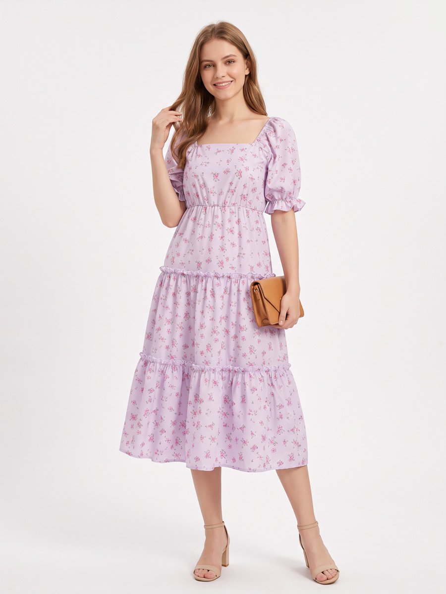 Lilac Ditsy Print Tiered Midi Dress