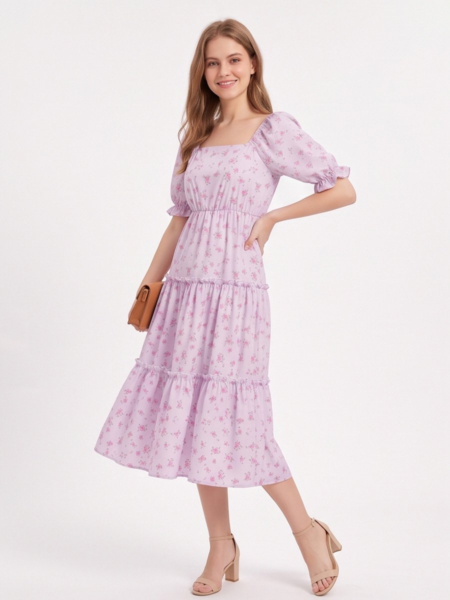 Lilac Ditsy Print Tiered Midi Dress