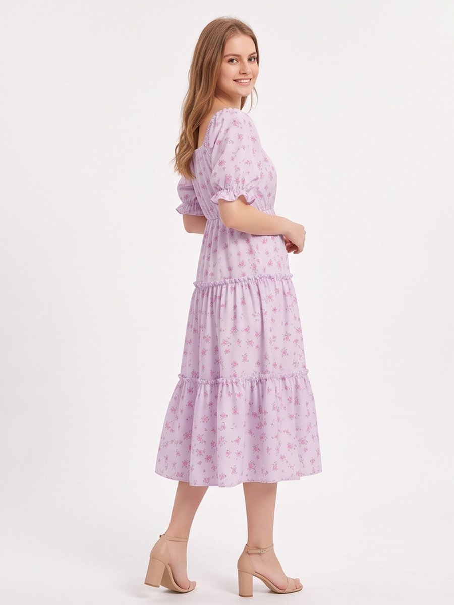 Lilac Ditsy Print Tiered Midi Dress