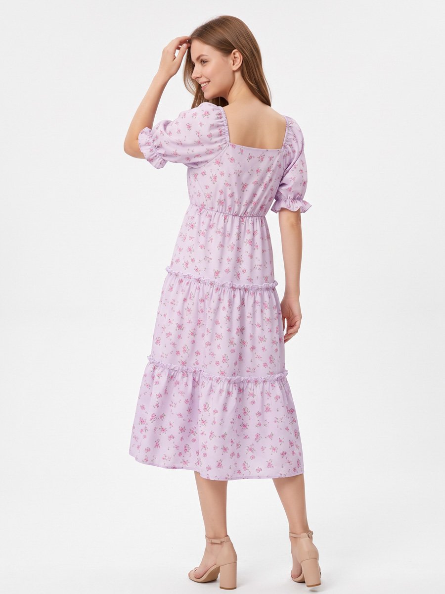 Lilac Ditsy Print Tiered Midi Dress