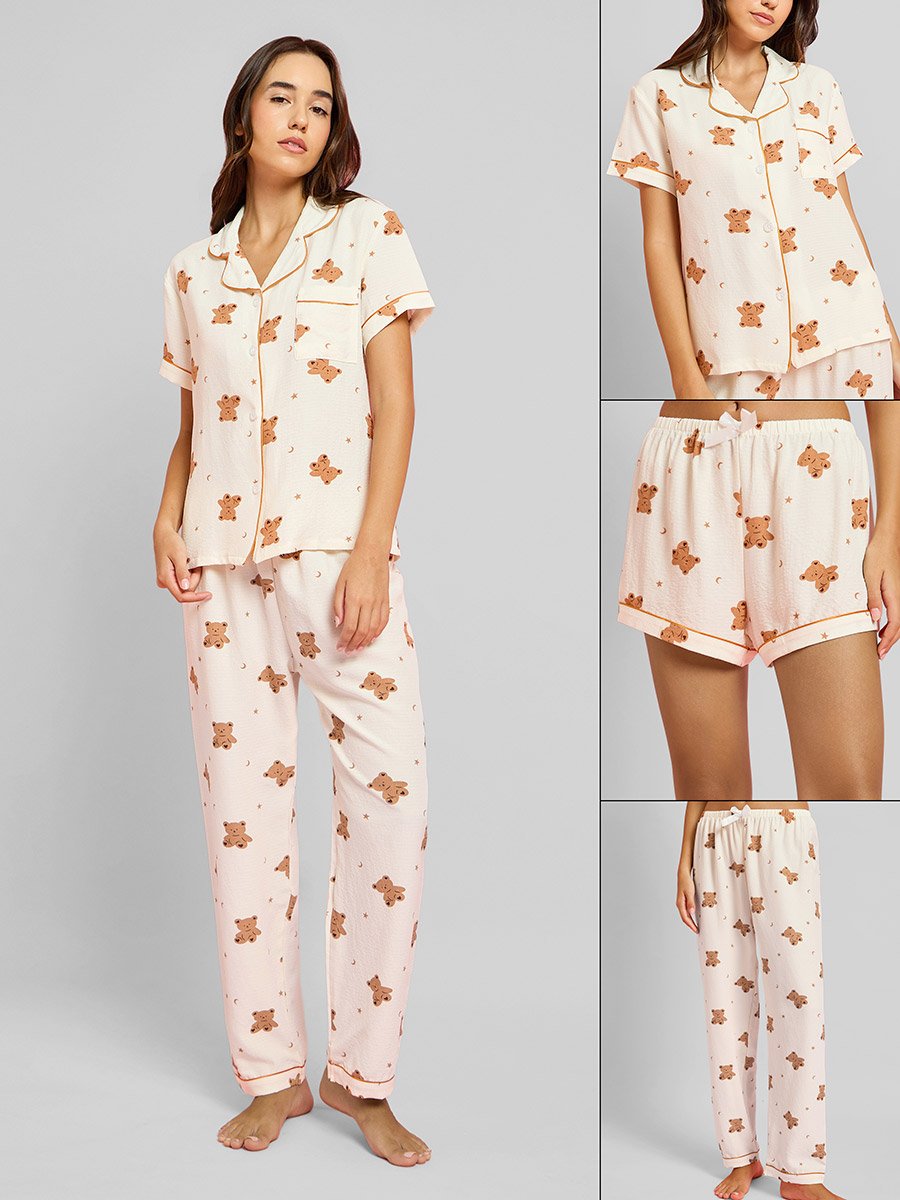 Pack of 3 - Teddy Print Shirt, Shorts and Pyjama Set
