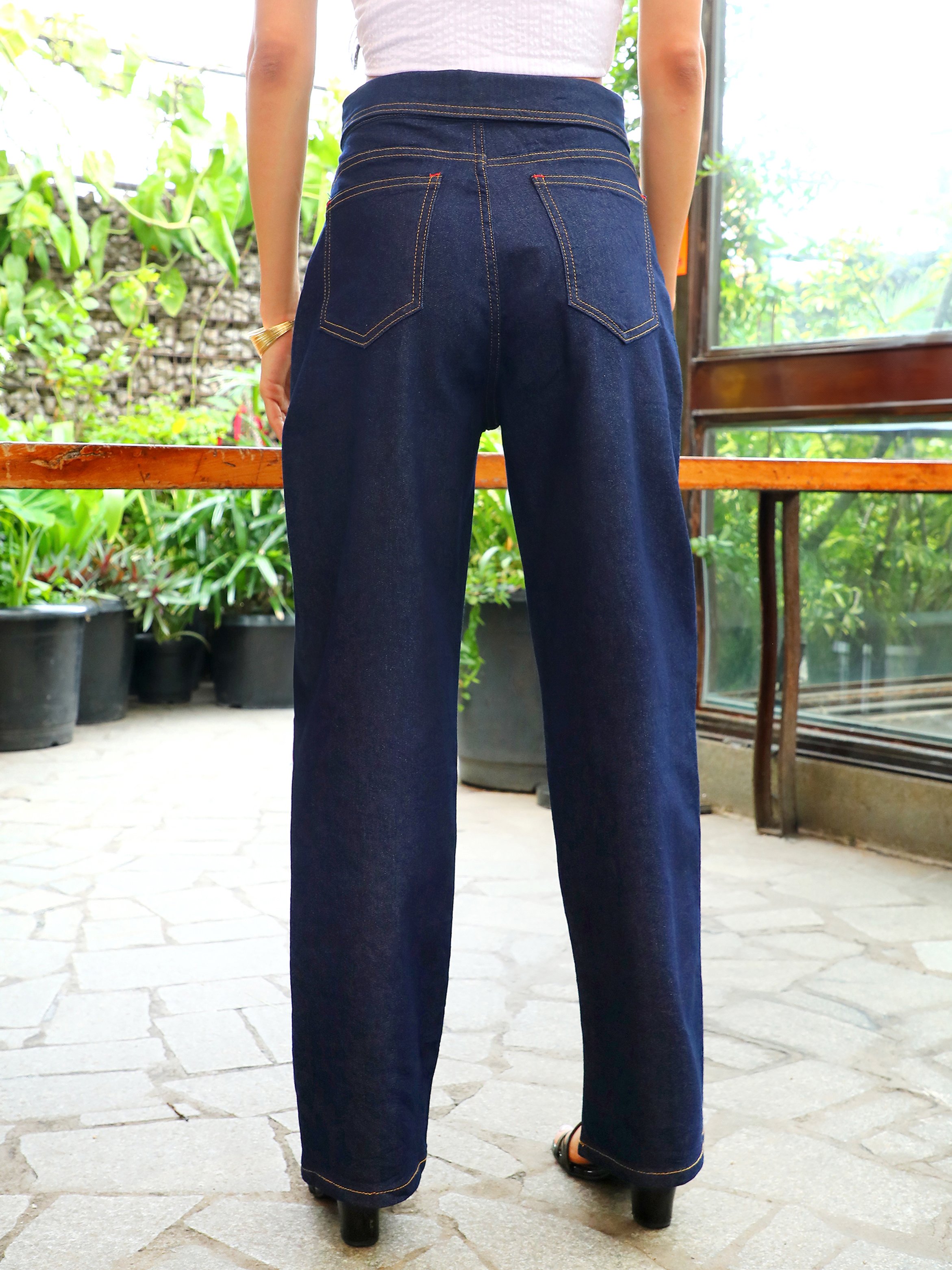 Blue Folded Waistband Straight Fit Jeans