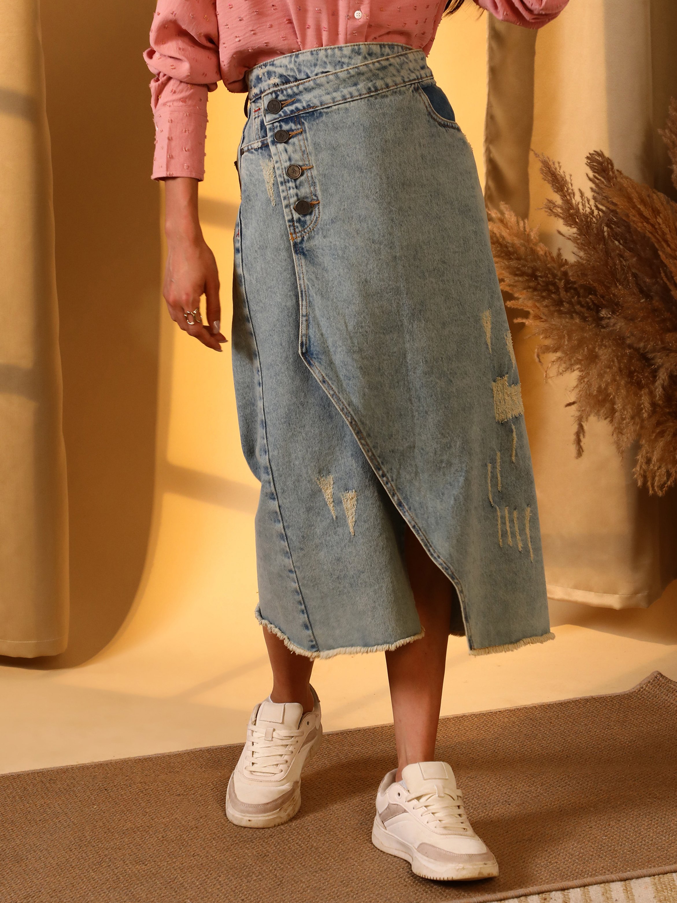 Blue Asymmetrical Denim Midi Skirt