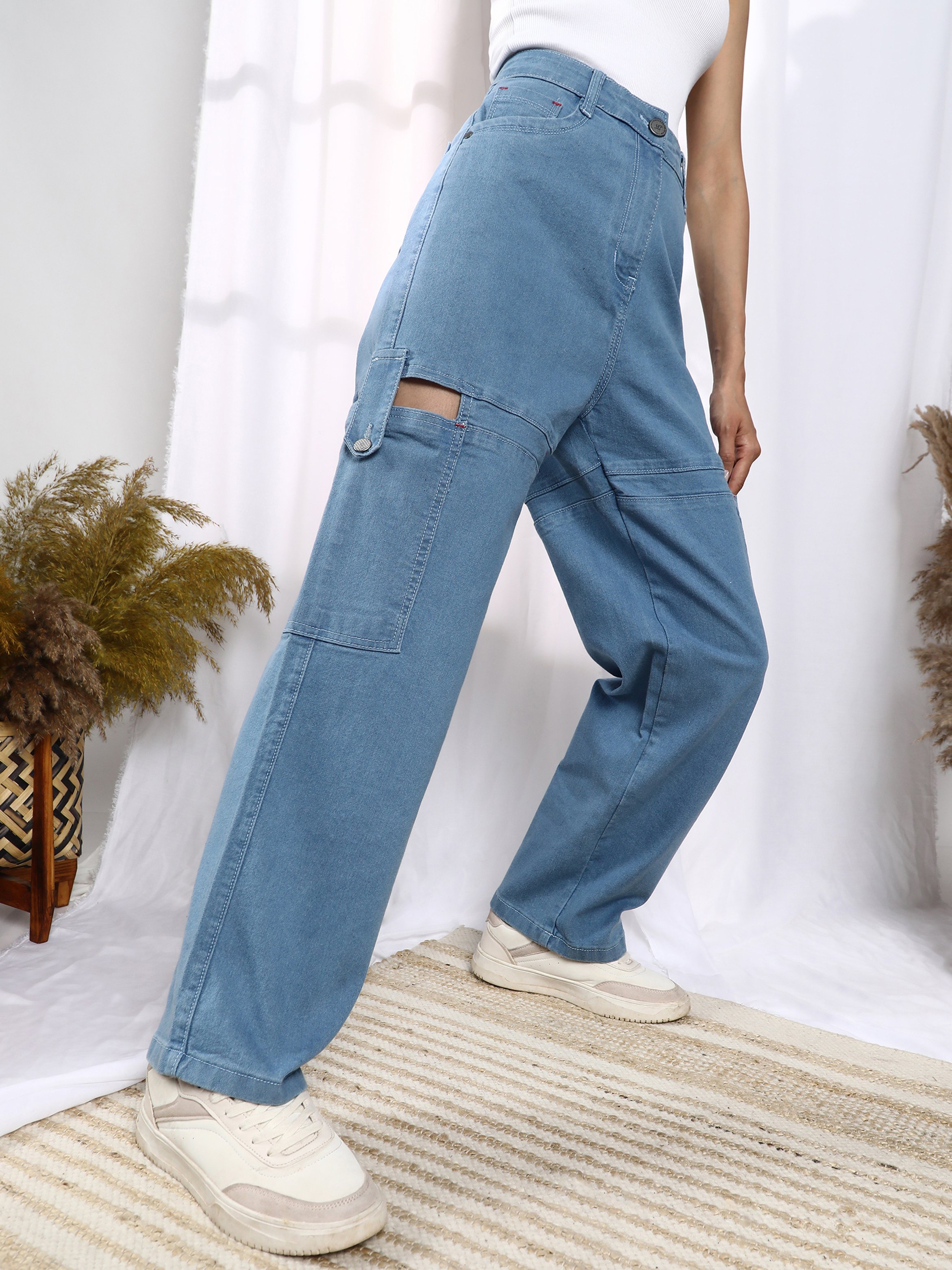 Light Blue Mid-Rise Cut-Out Detail Jeans